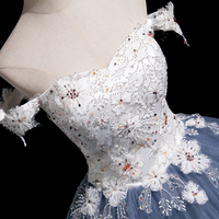 White Flowers and Blue Tulle Long Prom Dress, A-Line Off the Shoulder Party Dress - Thumbnail 5