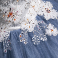 White Flowers and Blue Tulle Long Prom Dress, A-Line Off the Shoulder Party Dress - Thumbnail 6