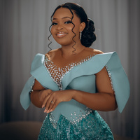 Sky Blue Prom Dress Evening Dresses Elegant Illusion Long Sleeves Sheer Neck Beaded Crystals Lace Mermaid Birthday Dress  - Thumbnail 1