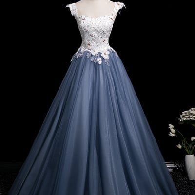 White flowers and blue tulle long prom dress, a-line off the shoulder party dress