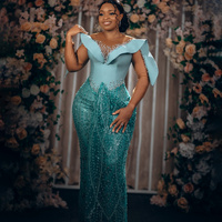 Sky Blue Prom Dress Evening Dresses Elegant Illusion Long Sleeves Sheer Neck Beaded Crystals Lace Mermaid Birthday Dress  - Thumbnail 3