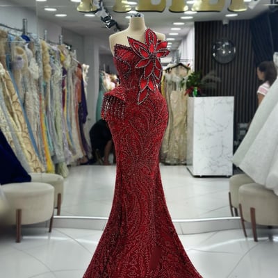 Red mermaid prom dress sheer neck promdress evening formal gowns beaded lace rhinestones decorated birthday dress second reception gown