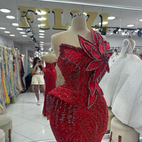 Red Mermaid Prom Dress Sheer Neck Promdress Evening Formal Gowns Beaded Lace Rhinestones Decorated Birthday Dress Second Reception Gown - Thumbnail 1