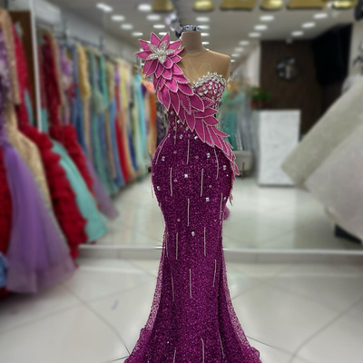 Fuchsia prom dress mermaid promdress sequined lace sheer neck beading rhinestones decorated birthday dress vestido 