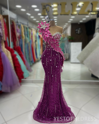Fuchsia Prom Dress Mermaid Promdress Sequined Lace Sheer Neck Beading Rhinestones Decorated Birthday Dress Vestido 