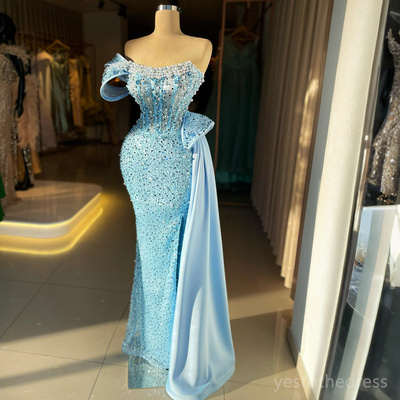 Prom dresses for black women blue evening dresses elegant one shoulder illusion sequined lace mermaid birthday dress second reception