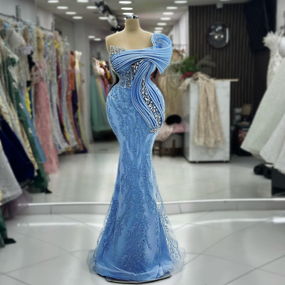 Blue mermaid prom dress illusion promdress evening formal gowns for special occasion beaded rhinestones lace birthday dress second reception gown