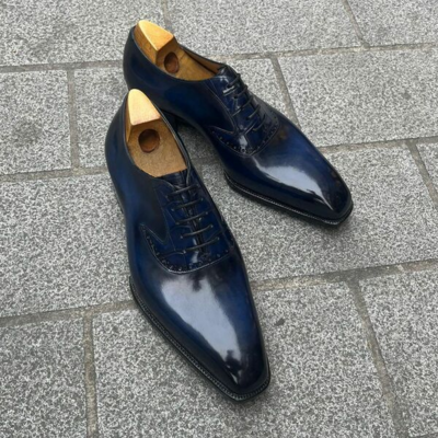 Handmade men blue leather oxford lace up dress shoes - Thumbnail 2