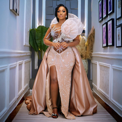 African nigeria plus size prom dresses for black women illusion elegant dresses for special occasions long sleeves sheer neck high split beaded