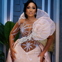 African Nigeria Plus Size Prom Dresses for Black Women Illusion Elegant Dresses for Special Occasions Long Sleeves Sheer Neck High Split Beaded - Thumbnail 1