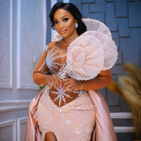 African Nigeria Plus Size Prom Dresses for Black Women Illusion Elegant Dresses for Special Occasions Long Sleeves Sheer Neck High Split Beaded - Thumbnail 2