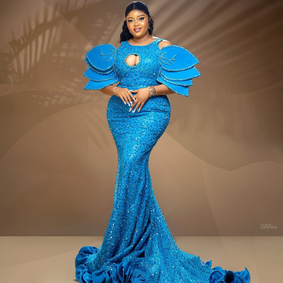 Blue prom dress for special occasions evening dresses formal gowns mermaid sheer neck flora beaded sequined lace birthday dress