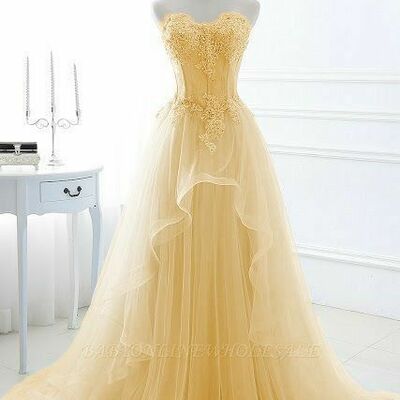 Yellow prom dress with lace appliques,cheap long sweet dress,1111