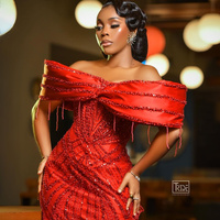 Red Cocktail Dresses For Women Short Prom Dresses Mini Dresses Off Shoulder Beaded Lace Beading Tassel Birthday Dresses - Thumbnail 1