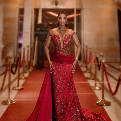 Red prom dresses for special occasions mermaid promdress evening formal dresses beaded lace illusion short sleeves