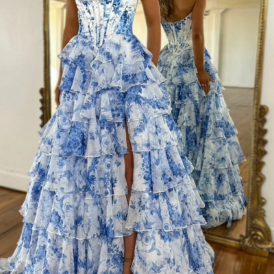 Cute a line sweetheart floral printed chiffon long prom dress with slit,1113