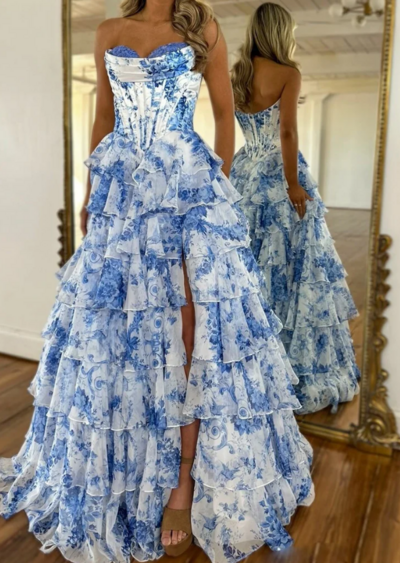 Cute A Line Sweetheart Floral Printed Chiffon Long Prom Dress with Slit,1113