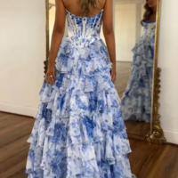 Cute A Line Sweetheart Floral Printed Chiffon Long Prom Dress with Slit,1113 - Thumbnail 1