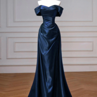 Elegant Off the Shoulder Navy Satin Long Prom Dresses - Thumbnail 2