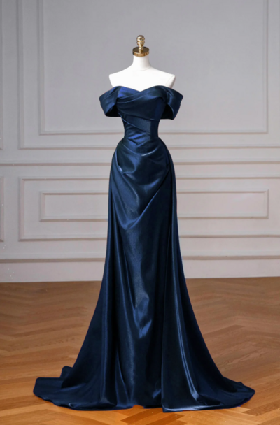 Elegant Off the Shoulder Navy Satin Long Prom Dresses