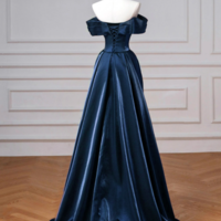 Elegant Off the Shoulder Navy Satin Long Prom Dresses - Thumbnail 1