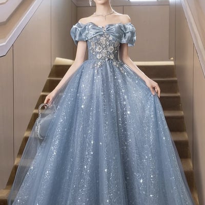 Blue tulle sequins long a-line prom party dress