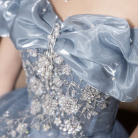 Blue Tulle Sequins Long A-Line Prom Party Dress - Thumbnail 1
