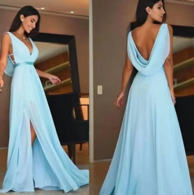 Deep V Neck Slit Side Long Prom Dresses 