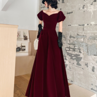 Lovely A-line Burgundy Velvet Long Formal Prom Dresses - Thumbnail 2