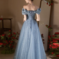 Blue Tulle Sequins Long A-Line Prom Party Dress - Thumbnail 2