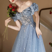 Blue Tulle Sequins Long A-Line Prom Party Dress - Thumbnail 3