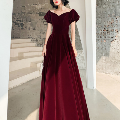 Lovely a-line burgundy velvet long formal prom dresses
