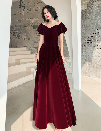 Lovely A-line Burgundy Velvet Long Formal Prom Dresses