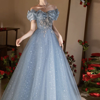 Blue Tulle Sequins Long A-Line Prom Party Dress - Thumbnail 4