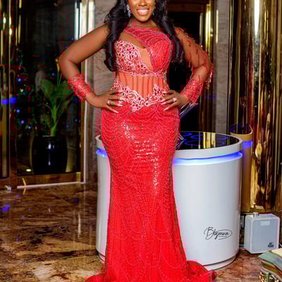 Red prom dress mermaid promdress evening formal gowns long sleeves sheer neck beaded lace birthday dress second reception