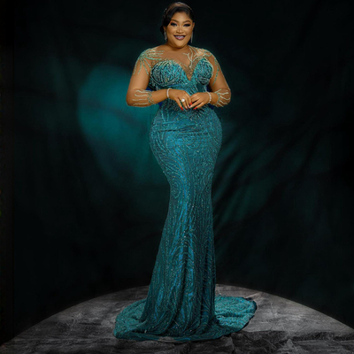 Prom dresses illusion mermaid lace evening dress long sleeves beaded birthday party gowns for african women