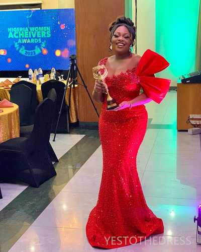 Red Prom Dress Mermaid Promdress Evening Dresses for Black Women Short Sleeves Beaded Lace Illusion Birthday Dress Second Reception