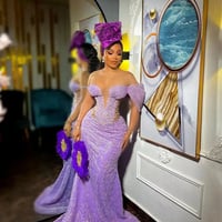 Lanvender Plus Size Prom Dresse Sheer Neck Long Sleeves Beaded Lace Birthday Party Dress - Thumbnail 1