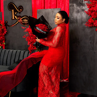 Red Plus Size Prom Dresses for African Women Mermaid High Neck Long Sleeves Illusion Evening Dress Elegant Promdress - Thumbnail 1