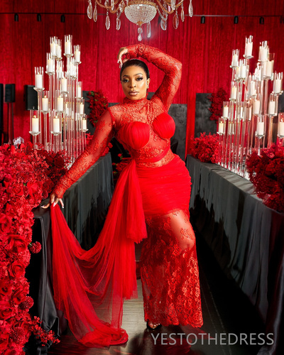 Red Plus Size Prom Dresses for African Women Mermaid High Neck Long Sleeves Illusion Evening Dress Elegant Promdress