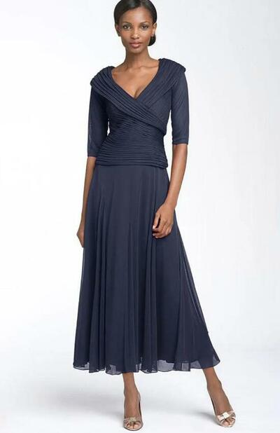 Mother Of The Bride Dress Elegant V Neck Half Sleeve Chiffon Tea length Formal Evening Mother Dress