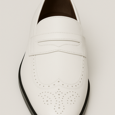 Handmade men's white leather wingtip style dress moccasin shoes