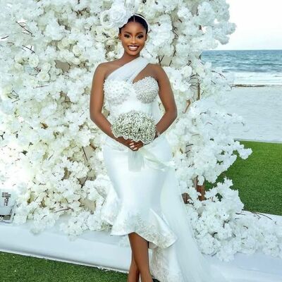 Simple african girl wedding dress, one shoulder tea-length wedding dress bridal gown