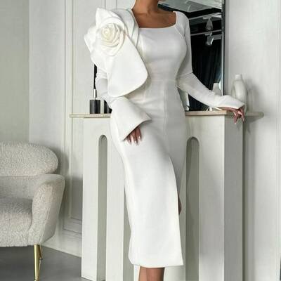 Simple african girl wedding dress, long sleeve tea-length wedding dress bridal gown