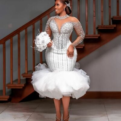 Simple african girl wedding dress, tea-length beading wedding gown bridal dress - Thumbnail 3