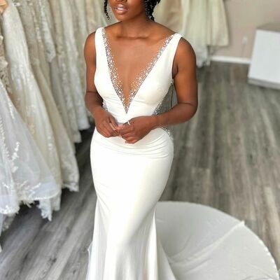 Sexy african girl wedding dress, v neck beading wedding dress bridal gown