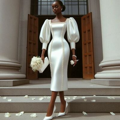 Simple african girl wedding dress, long sleeve satin tea-length wedding dress bridal gown