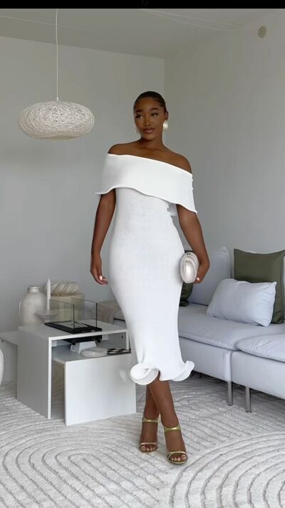 Simple African Girl Wedding Dress, Off the Shoulder Tea-length Wedding Dress Bridal Gown