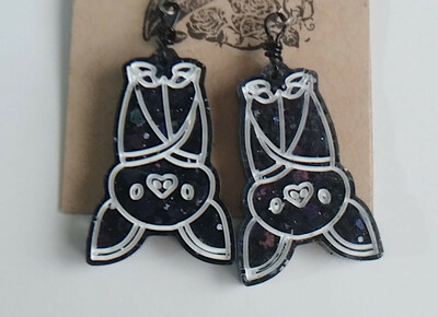 Hanging Bat Earrings - Black Holo