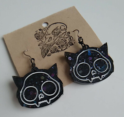Cat Skull Earrings - Black Holo